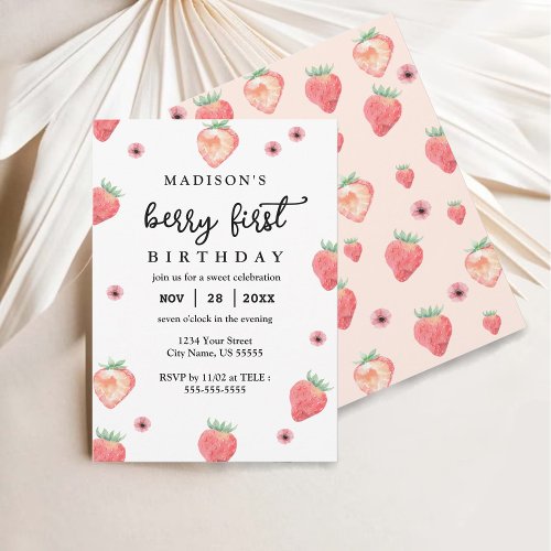 Berry First Birthday Stylish Pink Strawberry  Invitation