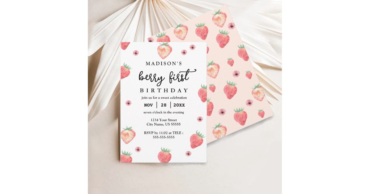 Berry First Birthday Stylish Pink Strawberry Invitation | Zazzle
