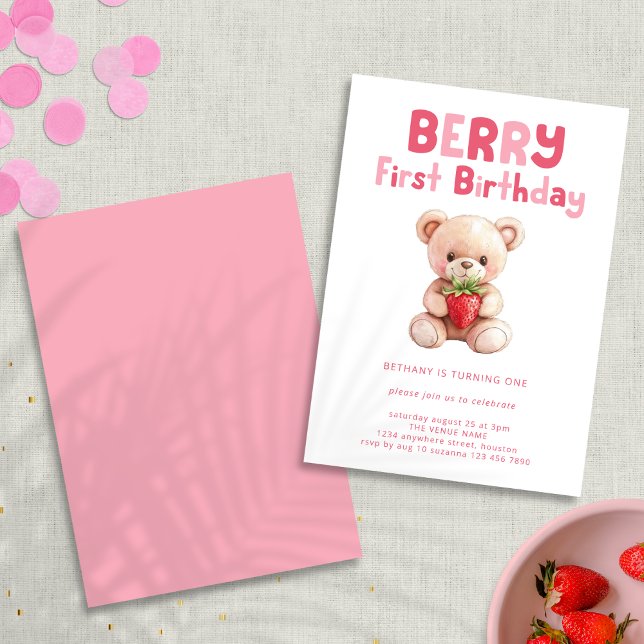 Berry First Birthday Teddy Bear 1st Birthday Invitation (front and back view)