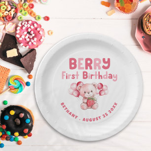 Berry First Birthday Teddy Bear Strawberry Pink Paper Plates
