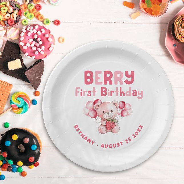 Berry First Birthday Teddy Bear Strawberry Pink Paper Plates (Creator Uploaded)