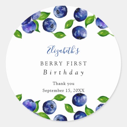 Berry First Birthday Watercolor Blueberry Cute Classic Round Sticker