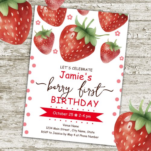 Berry First Birthday Watercolor Girl Invitation