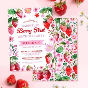 Berry First Birthday Watercolor Strawberries  Invitation