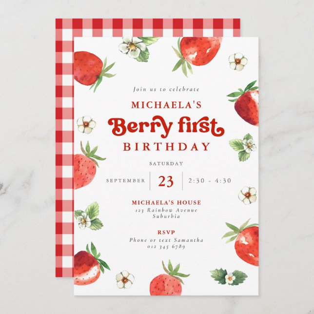Berry First Birthday Watercolor Strawberry Gingham Invitation (Front/Back)