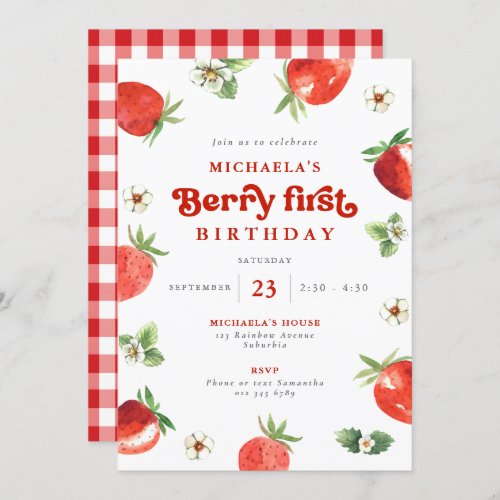 Berry First Birthday Watercolor Strawberry Gingham Invitation
