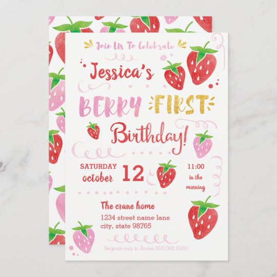 Berry First Birthday Watercolor Strawberry Party Invitation