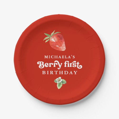 Berry First Birthday Watercolor Strawberry Red Paper Plates