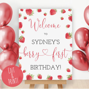 Berry First Birthday Welcome Sign, Printable Straw Foam Board