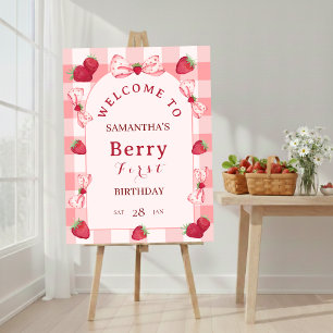 Berry First Birthday Welcome Sign Red Gingham Bows