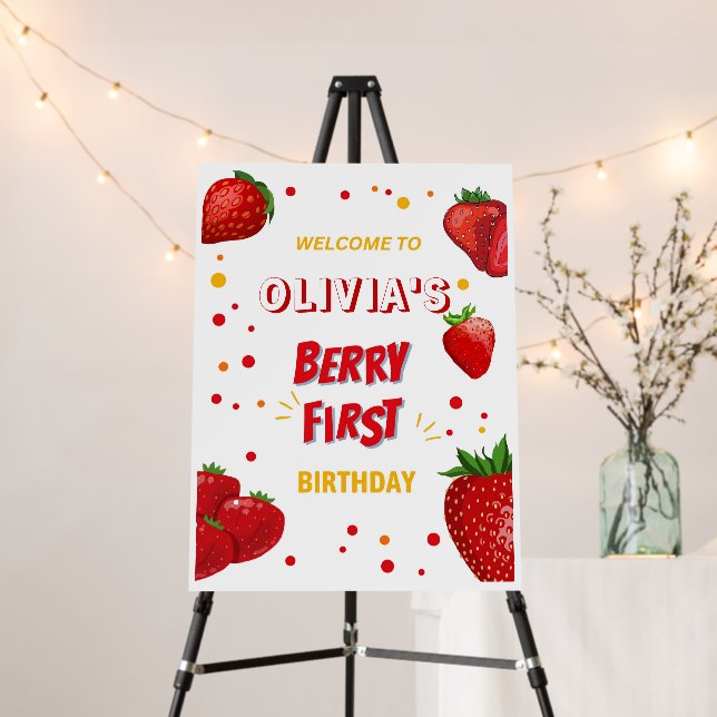 Berry First Birthday Welcome Sign Strawberry Party (In Situ (Stand))