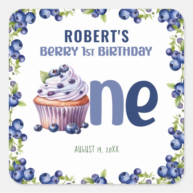 Berry First Blueberry 1st Birthday Square Sticker (Front)