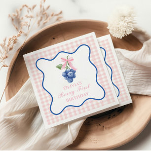 Berry first blueberry birthday Pink Bow Coquette Napkins