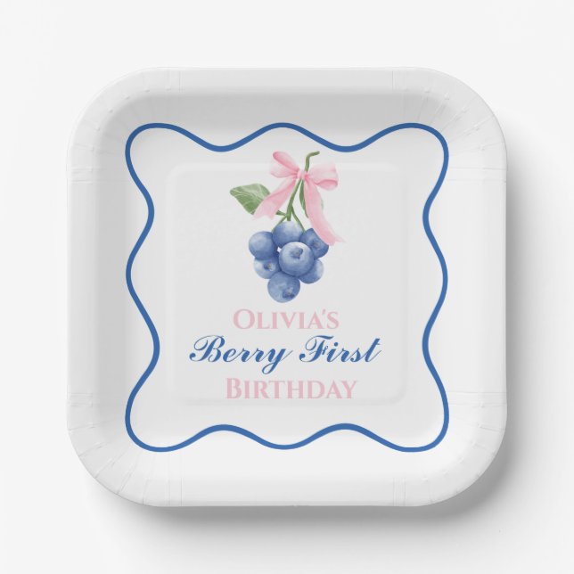 Berry first blueberry birthday Pink Bow Coquette Paper Plates (Front)
