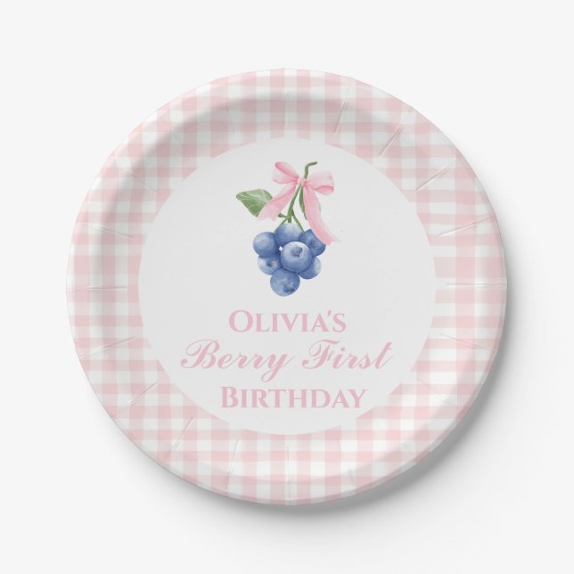 Berry first blueberry birthday Pink Bow Coquette Paper Plates (Front)