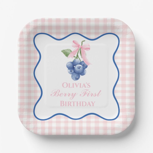 Berry first blueberry birthday Pink Bow Coquette Paper Plates (Front)