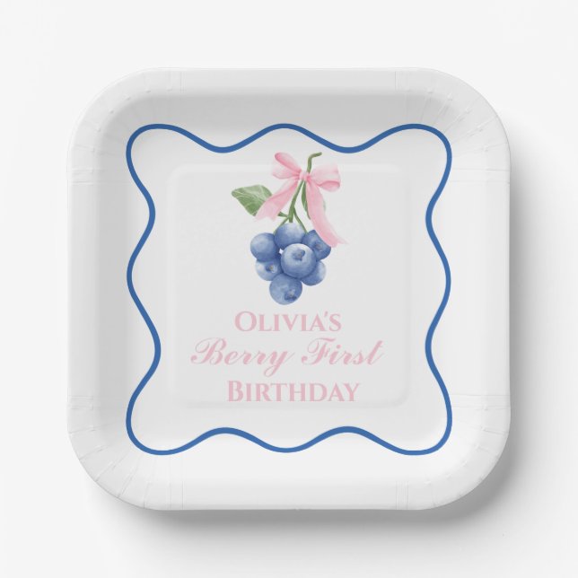 Berry first blueberry birthday Pink Bow Coquette Paper Plates (Front)
