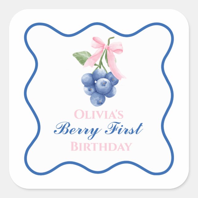Berry first blueberry birthday Pink Bow Coquette Square Sticker (Front)