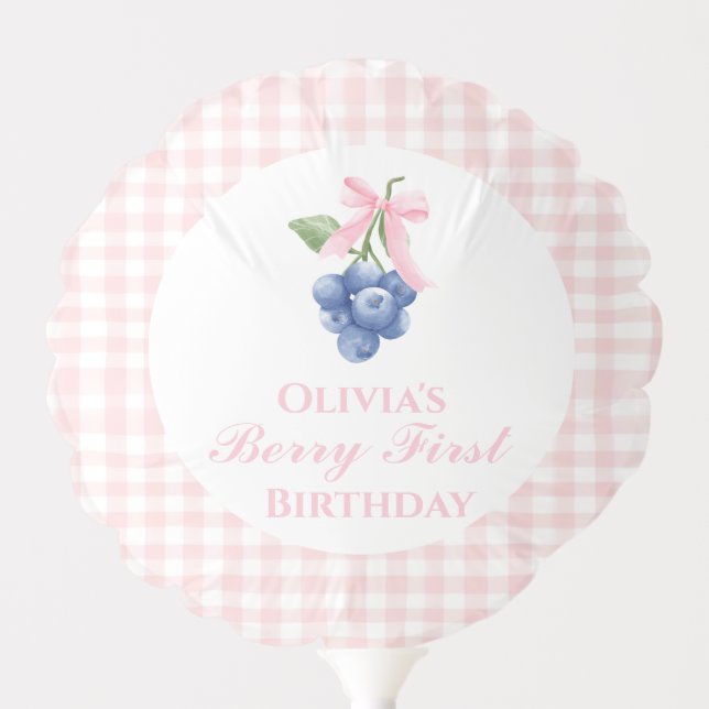 Berry first blueberry birthday Pink Bow Gingham Balloon (Front)