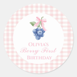 Berry first blueberry birthday Pink Bow Gingham Classic Round Sticker