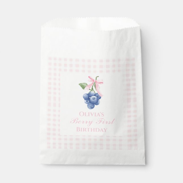 Berry First blueberry birthday Pink Bow Gingham Favor Bag (Front)