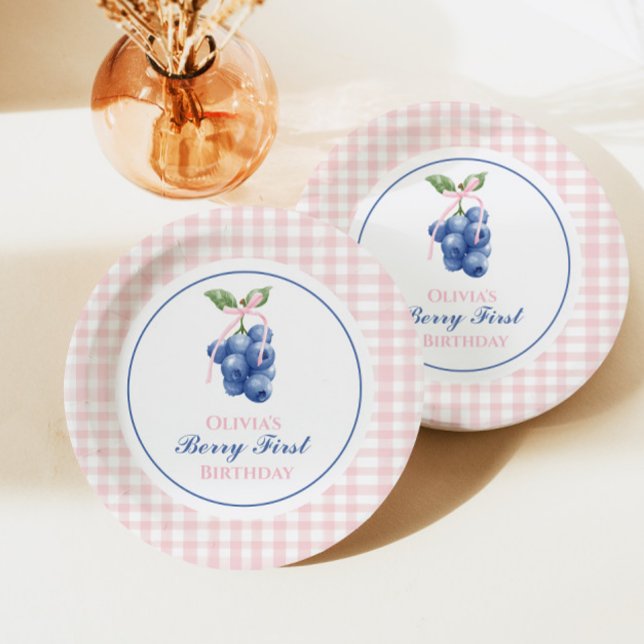 Berry First blueberry birthday Pink Bow Gingham Paper Plates (Creator Uploaded)