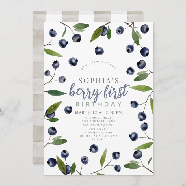 Berry First Blueberry Greenery 1st Birthday Invitation (Front/Back)