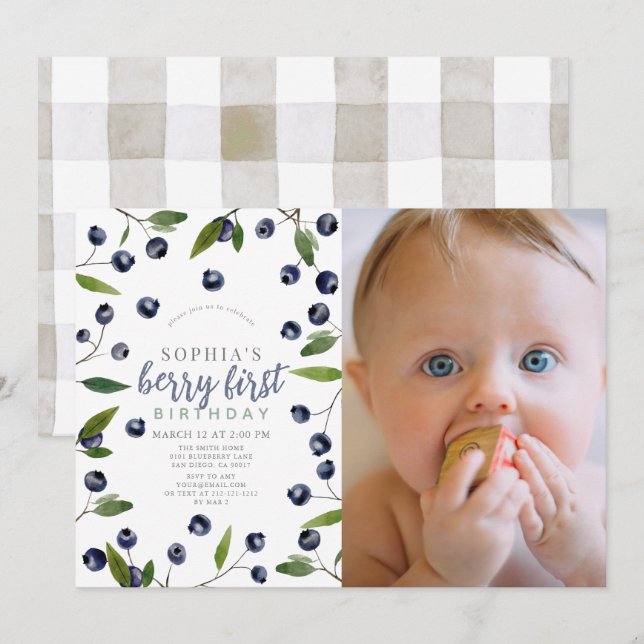 Berry First Blueberry Greenery 1st Birthday Photo Invitation (Front/Back)