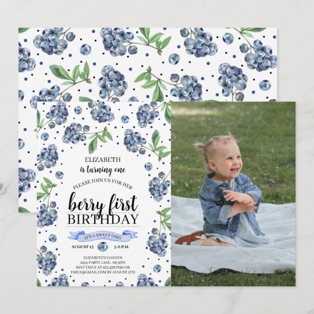 Berry First Blueberry Photo Invitation (Front/Back)