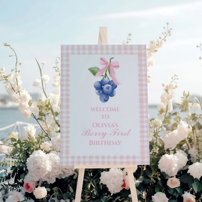 Berry First Blueberry Pink Bow 1st birthday Foam Board (Creator Uploaded)