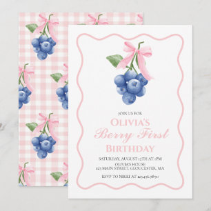 Berry First Blueberry Pink Bow Coquette birthday Invitation