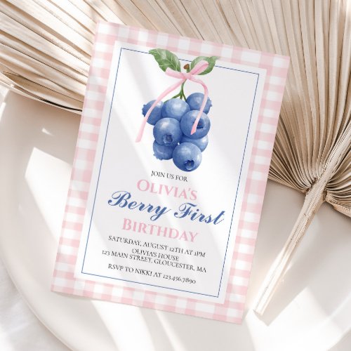 Berry First Blueberry Pink Bow Coquette birthday Invitation