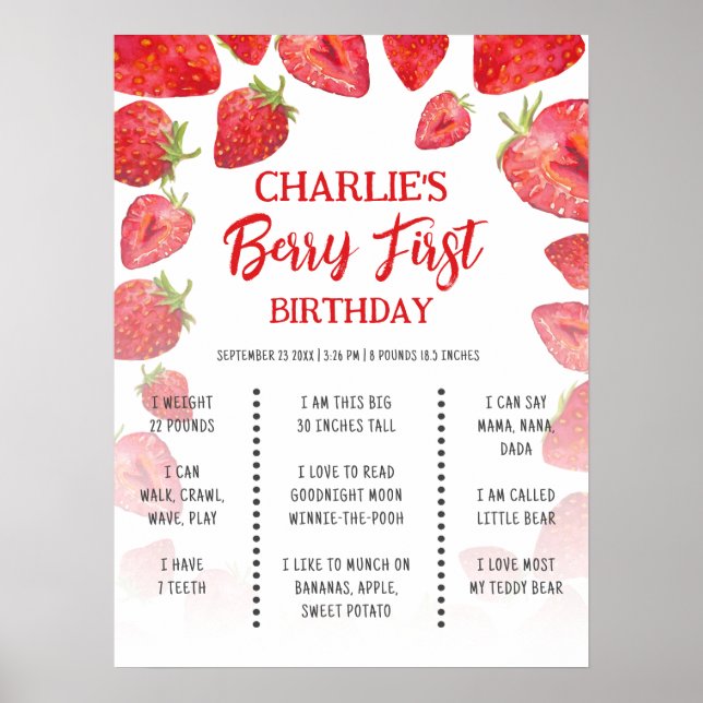Berry First Boho Strawberry Birthday Milestone Poster (Front)