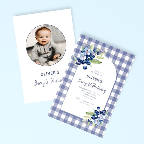 Berry First Boys Photo Blue 1st Birthday Invitation