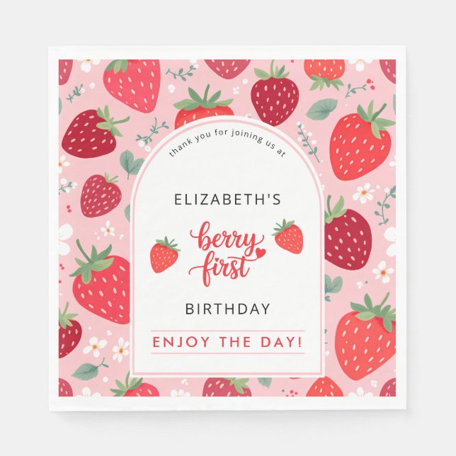 Berry First Cute 1st Birthday Girl's Strawberry Napkins (Front)