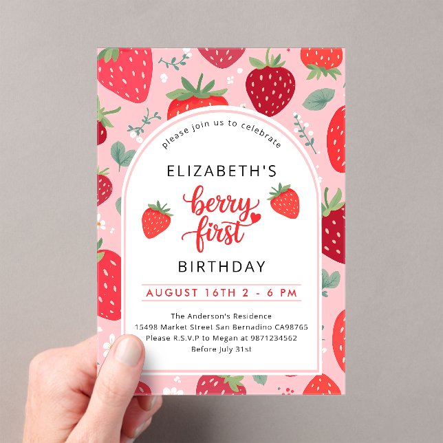 Berry First Cute 1st Birthday Strawberry Girl's Acrylic Invitations (Insitu (Handheld))