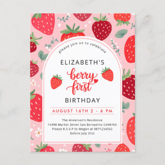Berry First Cute 1st Birthday Strawberry Girl's Invitation Postcard