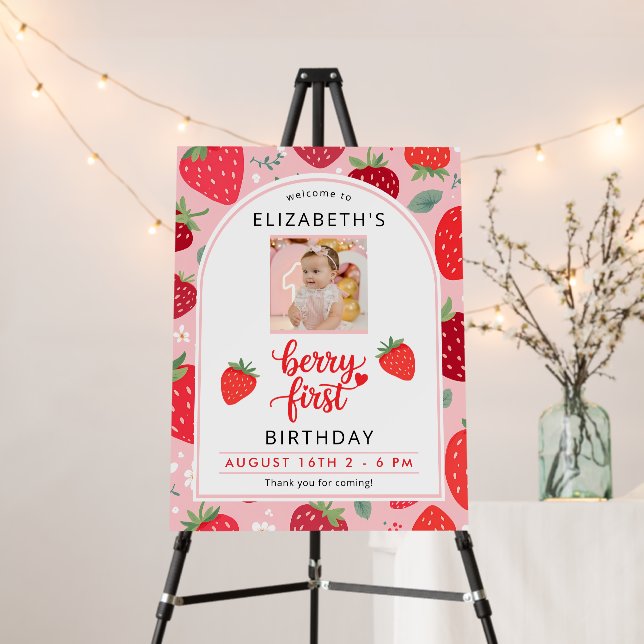 Berry First Cute 1st Birthday Strawberry Photo Foam Board (In Situ (Stand))