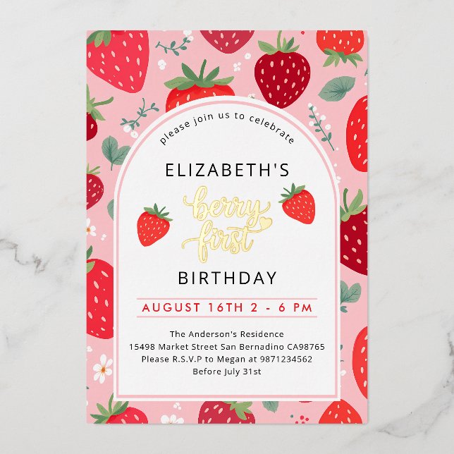 Berry First Cute 1st Birthday Strawberry Photo Foil Invitation (Front)
