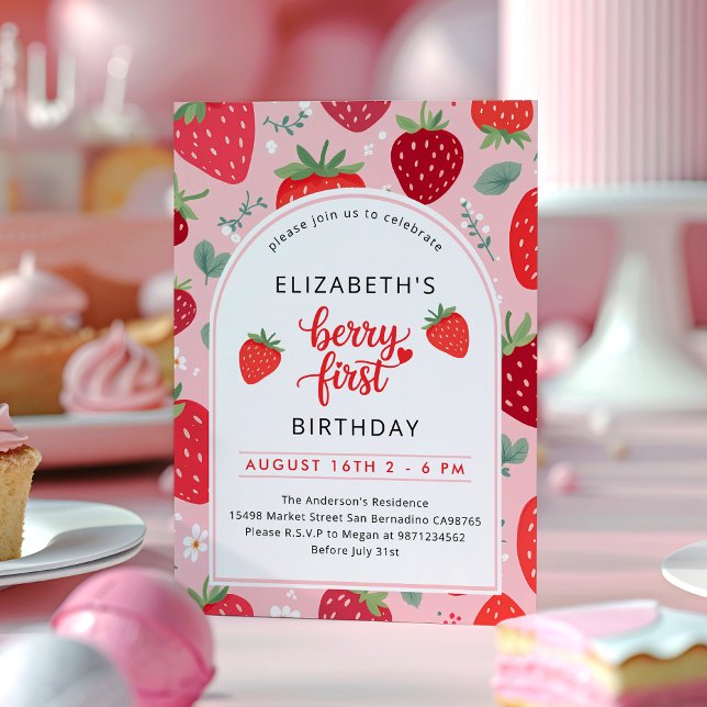 Berry First Cute 1st Birthday Strawberry Photo Invitation (Creator Uploaded)