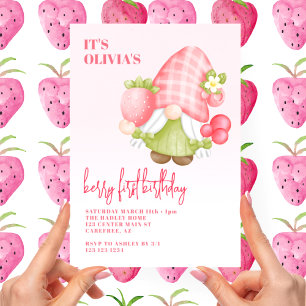 Berry First Cute Gnome 1st Birthday Invitation