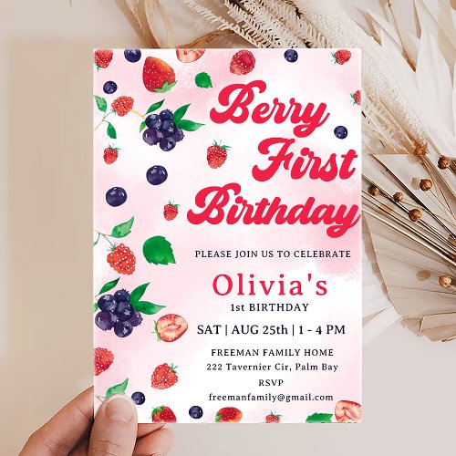 Berry First Cute Strawberry 1st Birthday Invitation