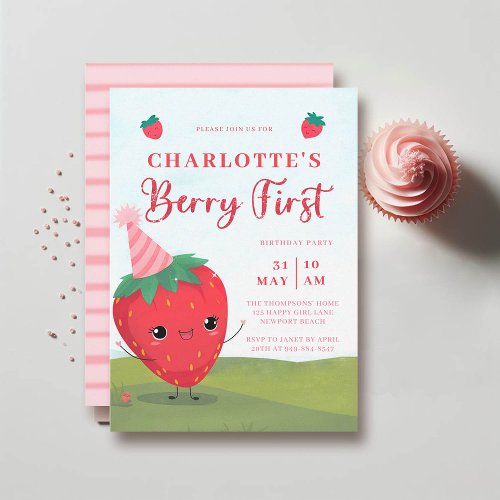 Berry First Cute Strawberry Character 1st Birthday Invitation