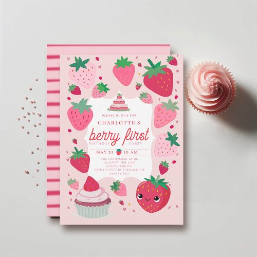 Berry First Cute Strawberry Frame Red 1st Birthday Invitation