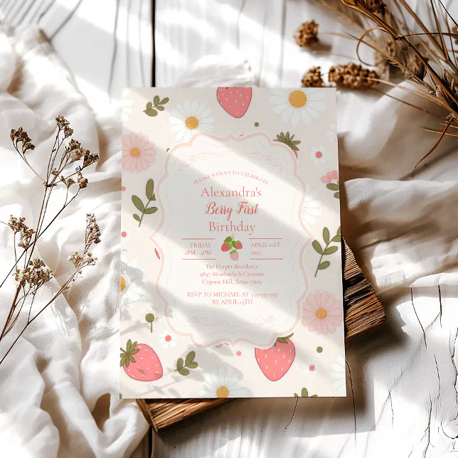Berry First | Cute Strawberry Girl 1st Birthday Invitation | Zazzle