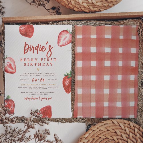 Berry First  Cute Strawberry Girl 1st Birthday Invitation