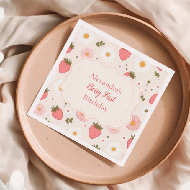 Berry First | Cute Strawberry Girl 1st Birthday Napkins (Creator Uploaded)