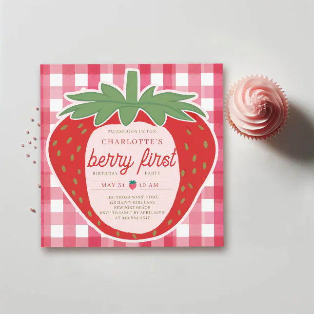 Berry First Giant Strawberry Sweet 1st Birthday Invitation | Zazzle