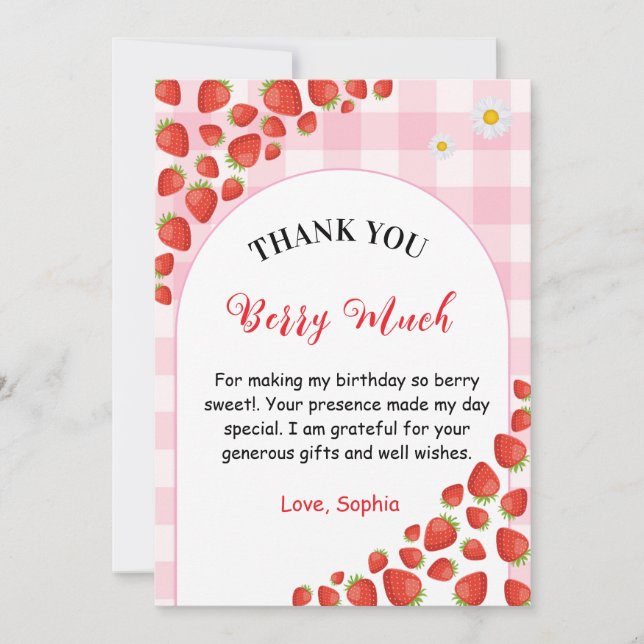 Berry first gingham birthday Thank You Card (Front)