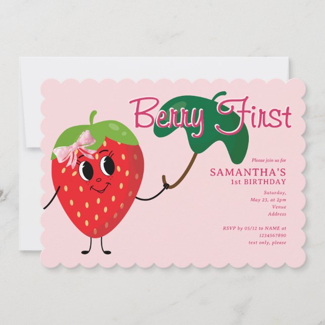 Berry First Girl Cartoon Strawberry 1st Birthday Invitation (Front)